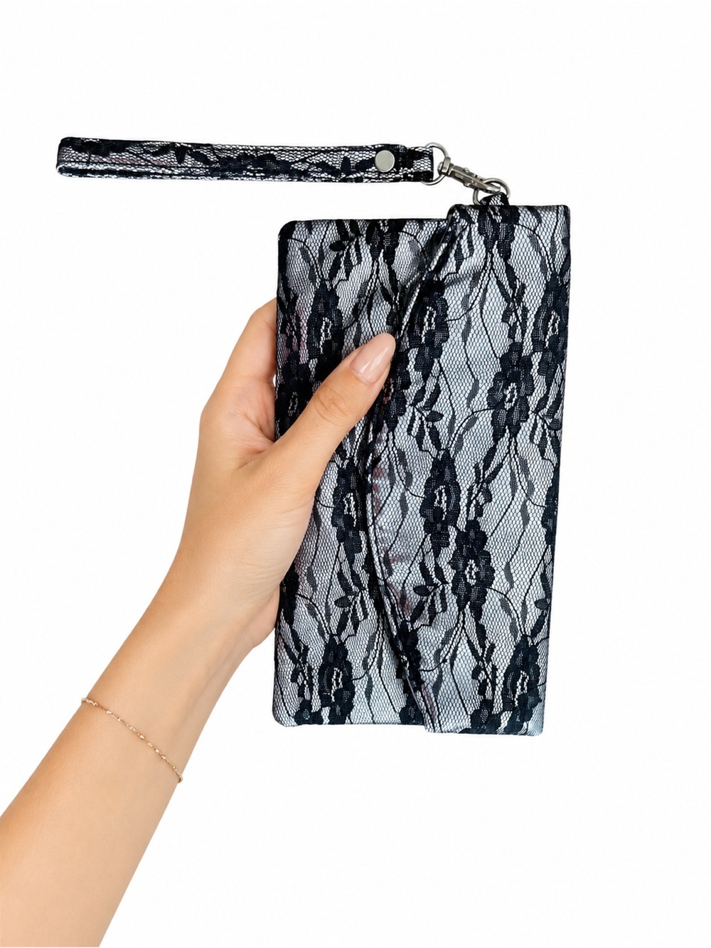 Black Floral Lace Silver Evening Wristlet Clutch